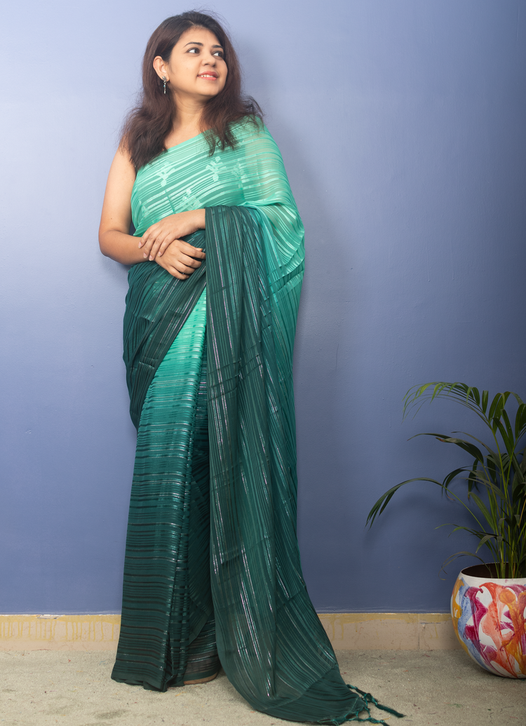 Jade And Sacramento Shades Georgette Lurux Sari