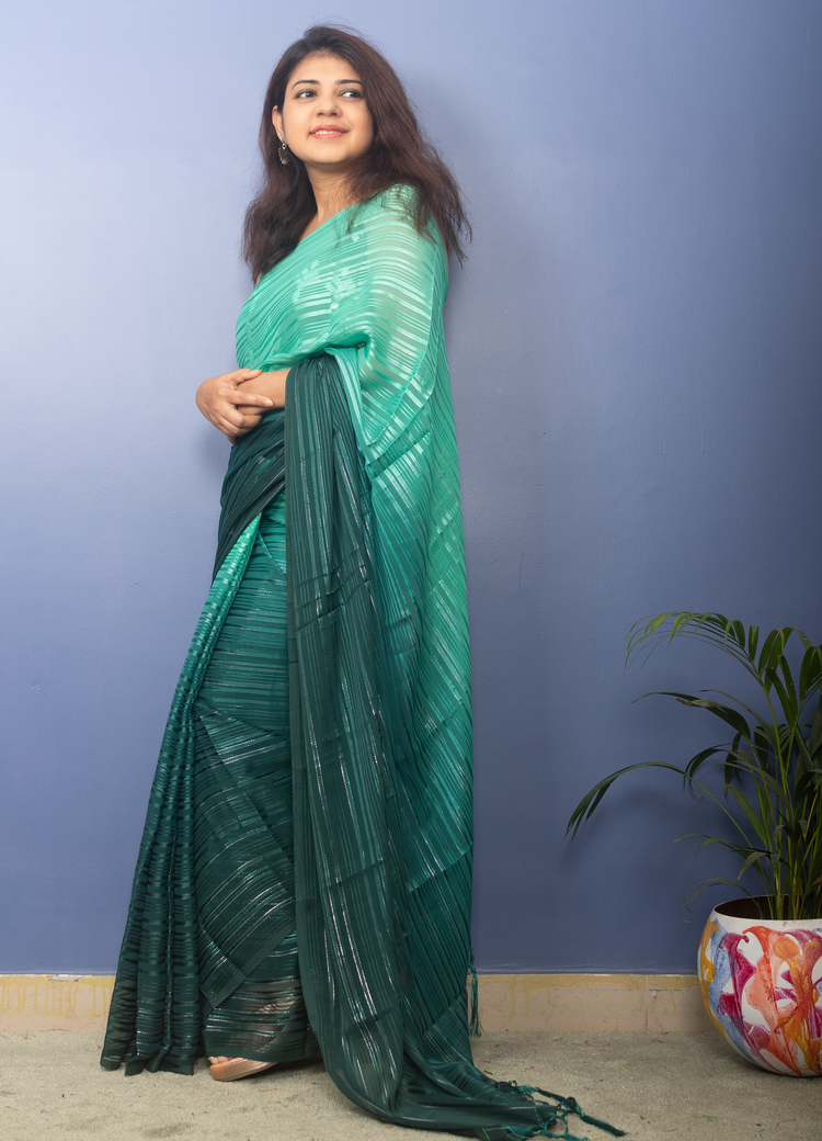 Jade And Sacramento Shades Georgette Lurux Sari