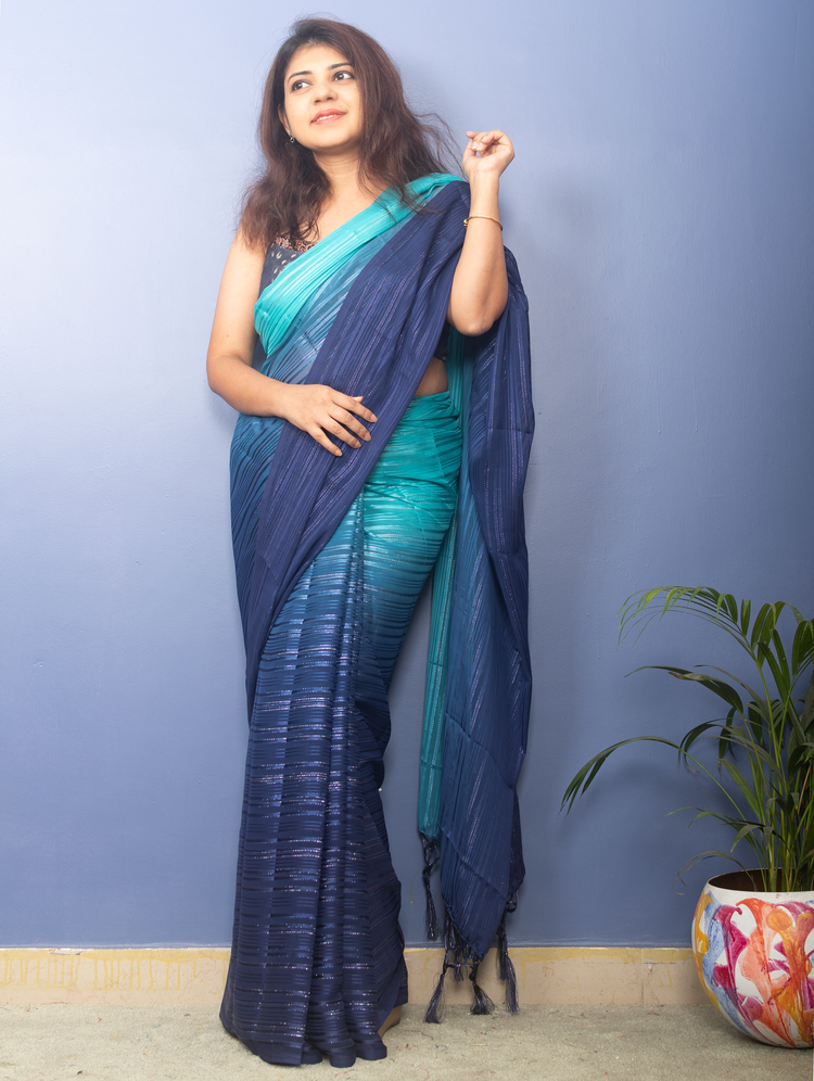 Torquose and Midnight Blue Georgette Lurux Sari