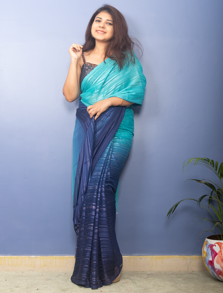 Torquose and Midnight Blue Georgette Lurux Sari