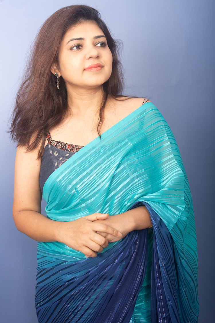 Torquose and Midnight Blue Georgette Lurux Sari