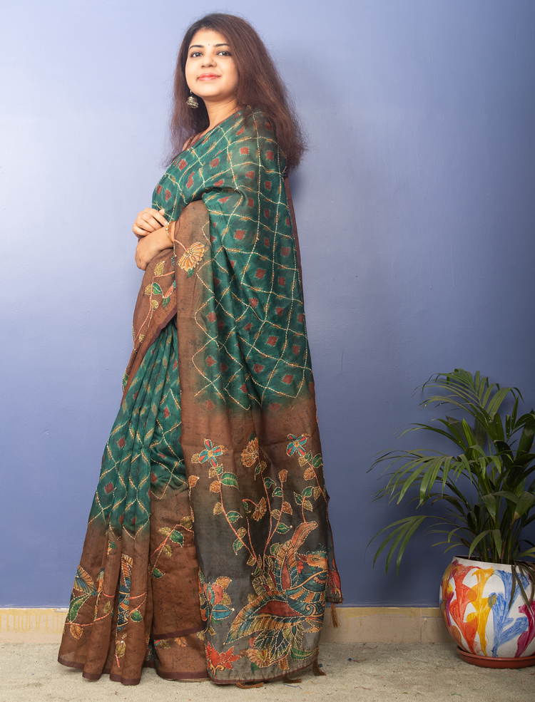 Sea Green Ikkat Printed Chanderi Sari With Kantha Stitch