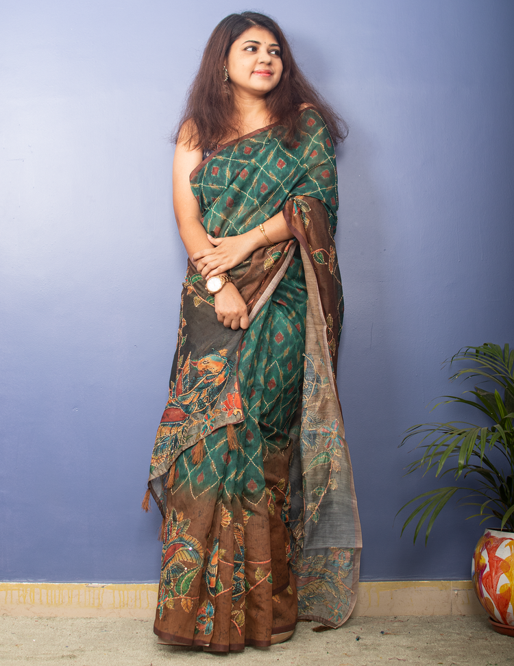 Sea Green Ikkat Printed Chanderi Sari With Kantha Stitch