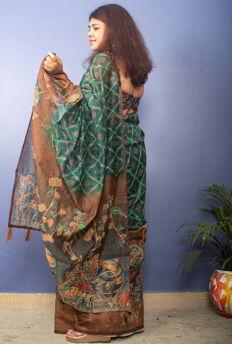 Sea Green Ikkat Printed Chanderi Sari With Kantha Stitch