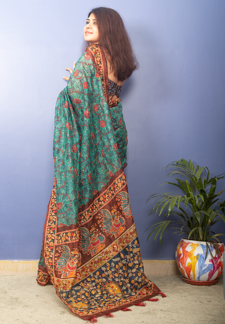 Mint Color Chanderi Kalamkari With Kantha Stitch