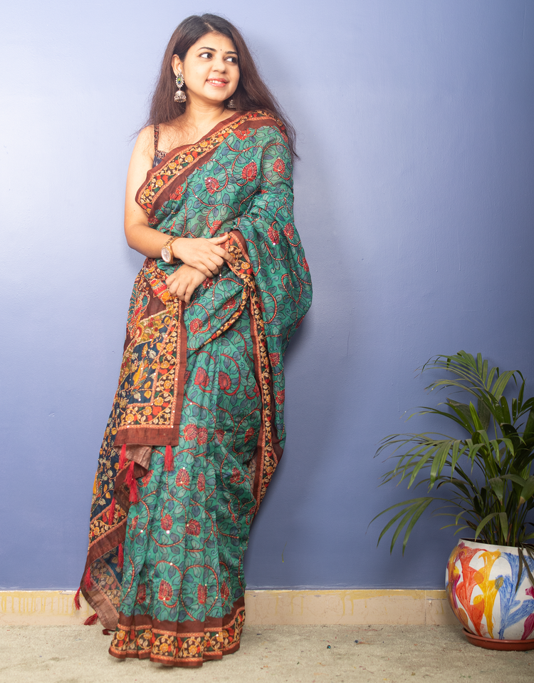 Mint Color Chanderi Kalamkari With Kantha Stitch