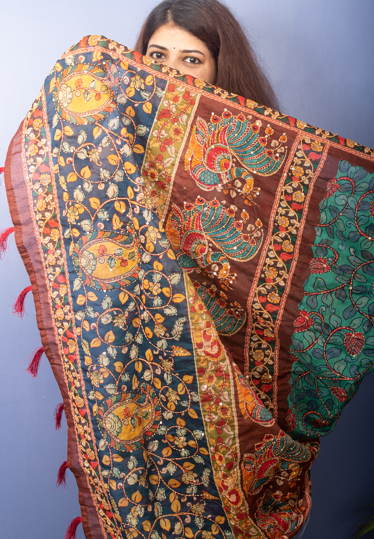 Mint Color Chanderi Kalamkari With Kantha Stitch