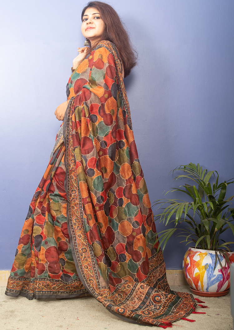 MultiColor Chanderi Block Printed Sari With Kantha Stitch