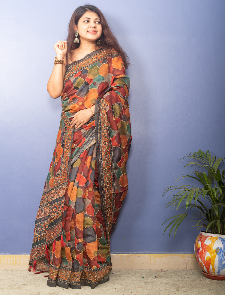 MultiColor Chanderi Block Printed Sari With Kantha Stitch