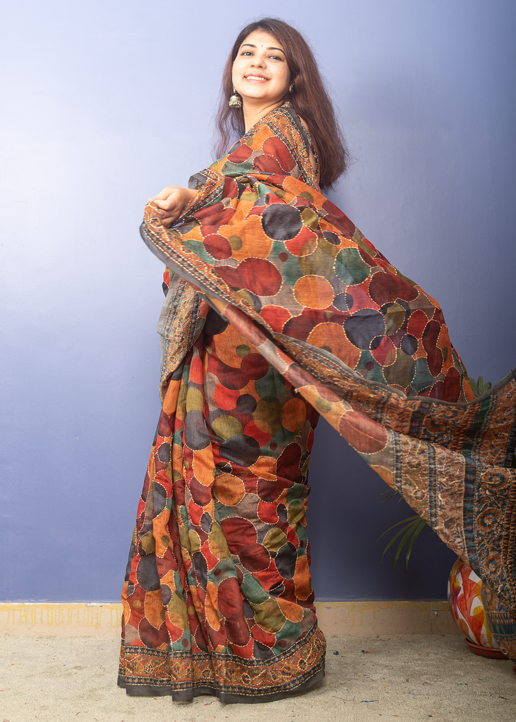 MultiColor Chanderi Block Printed Sari With Kantha Stitch