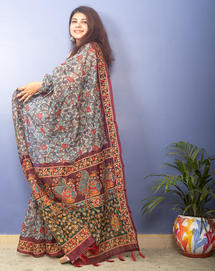 Grey Chanderi Kalamkari With Kantha Stitch