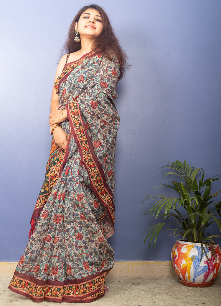 Grey Chanderi Kalamkari With Kantha Stitch