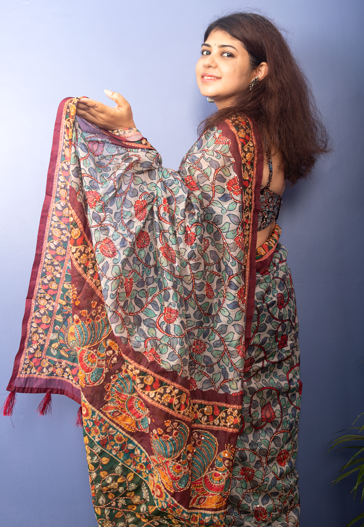 Grey Chanderi Kalamkari With Kantha Stitch