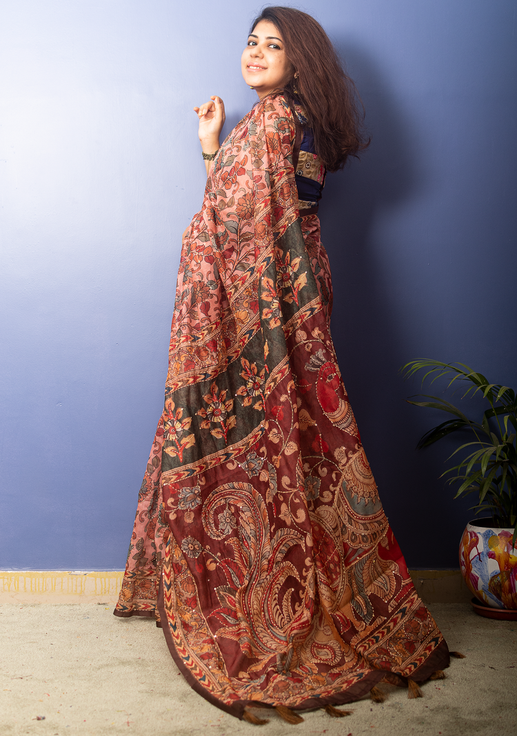 Salmon Color Kalamkari Chanderi With Kantha Stitch