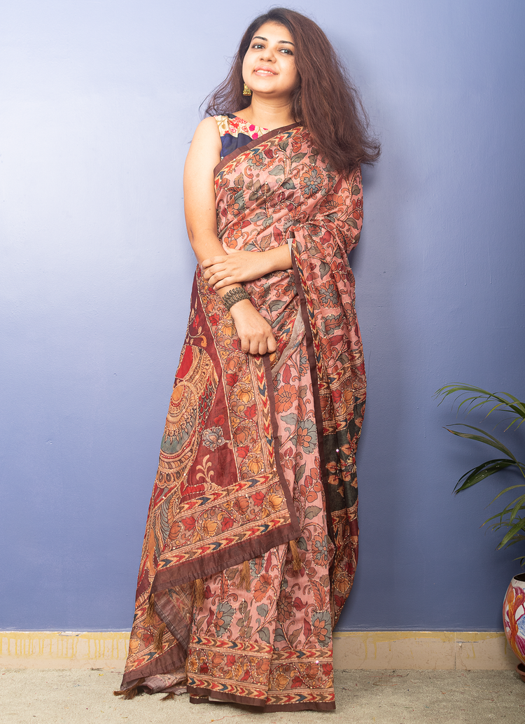 Salmon Color Kalamkari Chanderi With Kantha Stitch