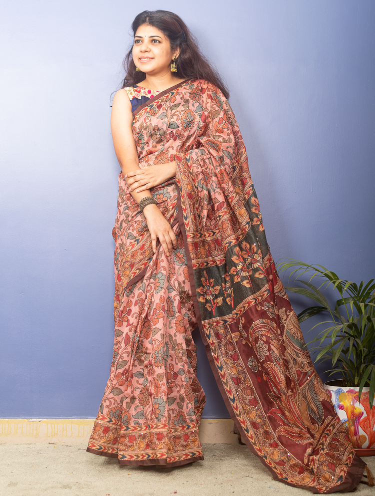 Salmon Color Kalamkari Chanderi With Kantha Stitch