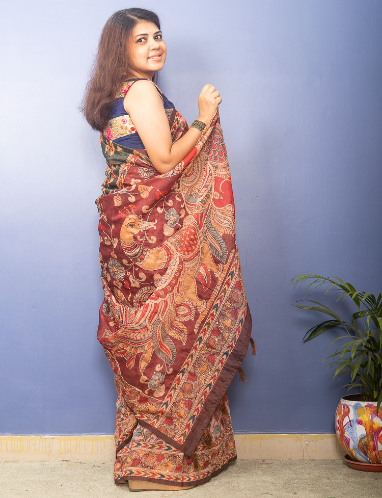 Salmon Color Kalamkari Chanderi With Kantha Stitch