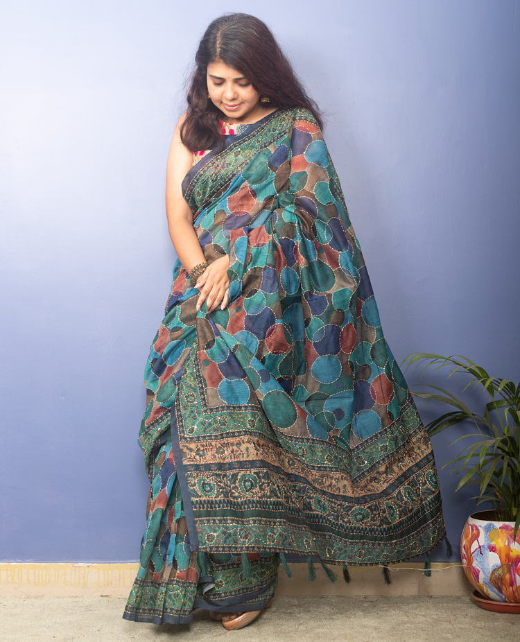 Blue Tone MultiColor Chanderi Sari With Kantha Stitch