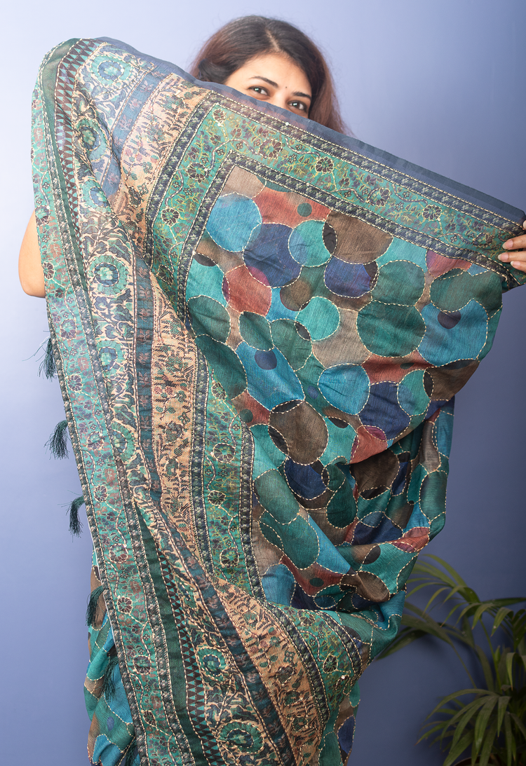 Blue Tone MultiColor Chanderi Sari With Kantha Stitch