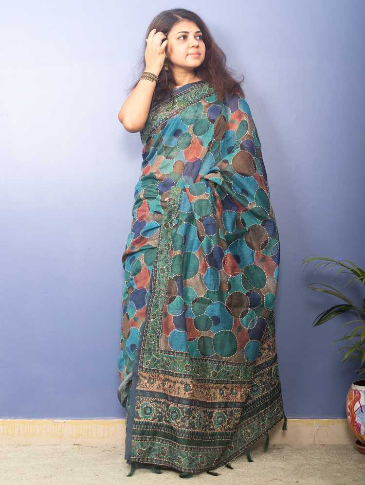 Blue Tone MultiColor Chanderi Sari With Kantha Stitch
