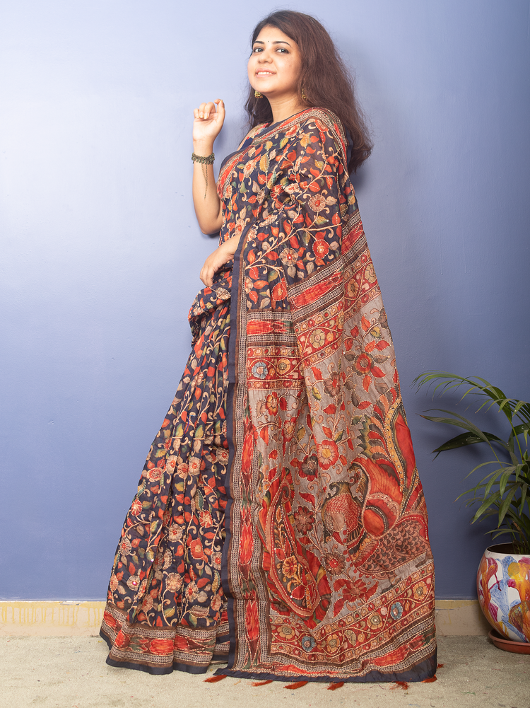 Navy Blue Kalamkari Printed Chanderi Sari With Kantha Stitch