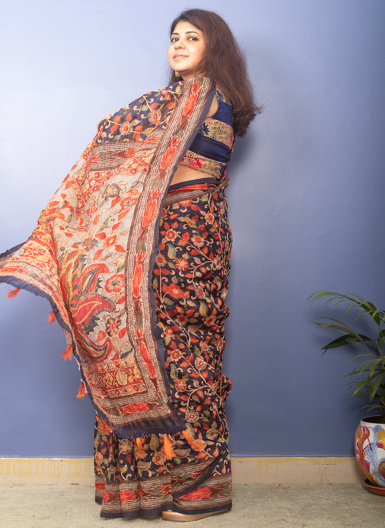 Navy Blue Kalamkari Printed Chanderi Sari With Kantha Stitch