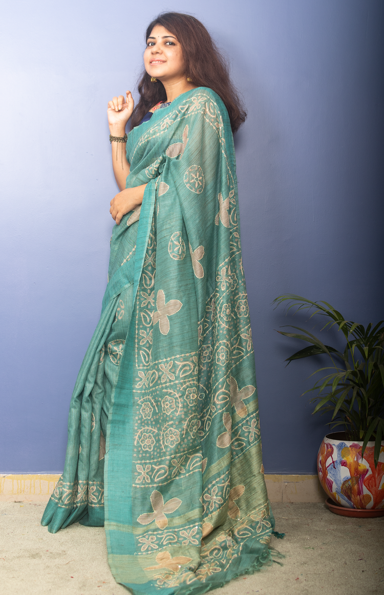 Mint Blue Block Printed Chanderi Sari With Kantha Stitch