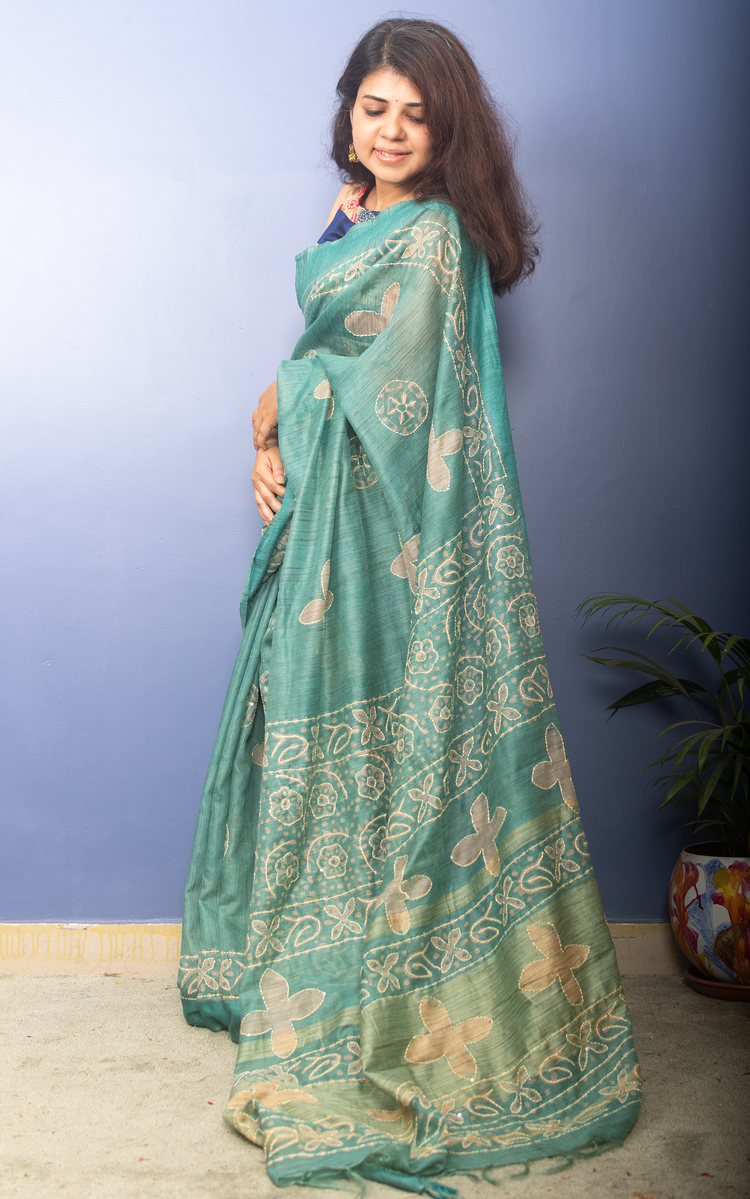 Mint Blue Block Printed Chanderi Sari With Kantha Stitch