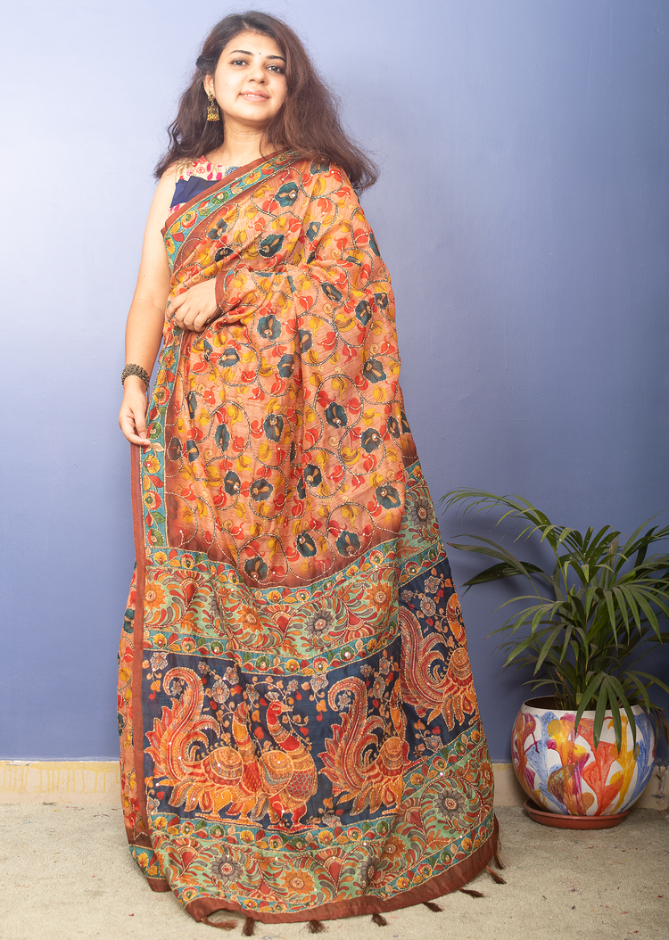 Apricot Kalamkari Printed Chanderi Sari With Kantha Stitch