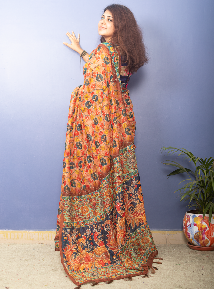 Apricot Kalamkari Printed Chanderi Sari With Kantha Stitch