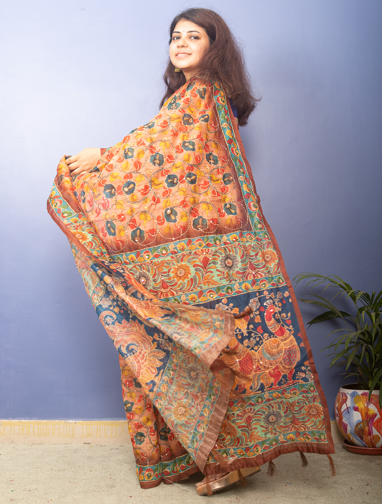 Apricot Kalamkari Printed Chanderi Sari With Kantha Stitch