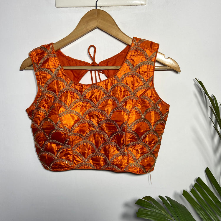 Orange Blouse with Golden Zari work