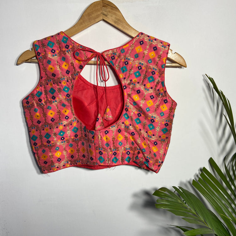 Multi Color Blouse on Peach Base Silk Fabric