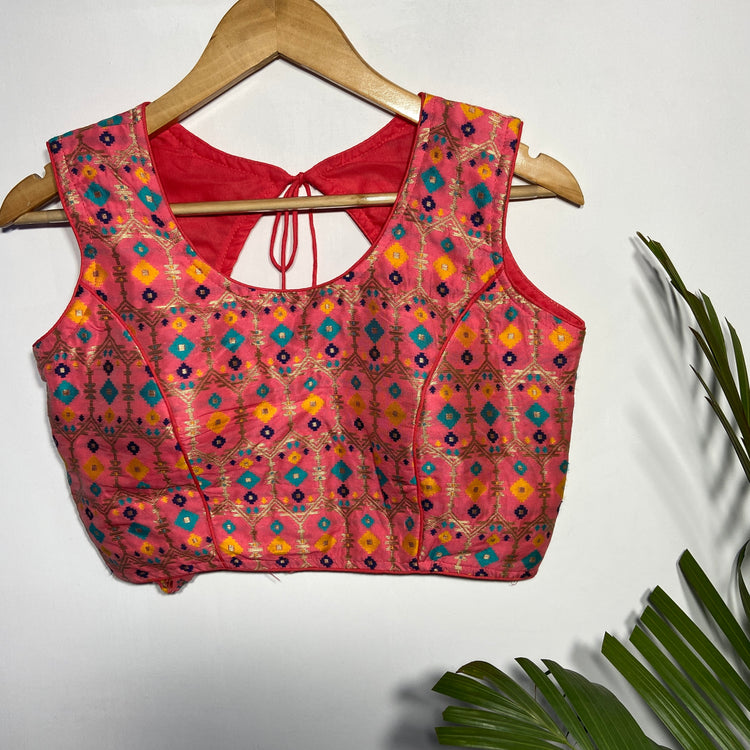 Multi Color Blouse on Peach Base Silk Fabric