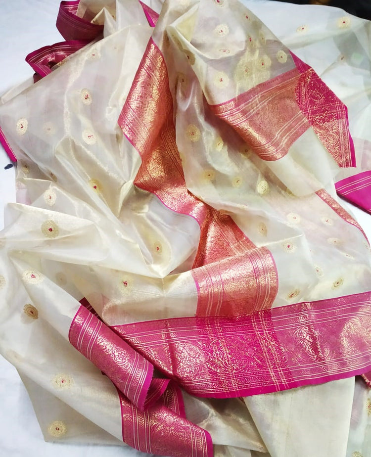 Off-White Chanderi Handwoven Pure Silk by Tissue Sari with Deep Pink Border