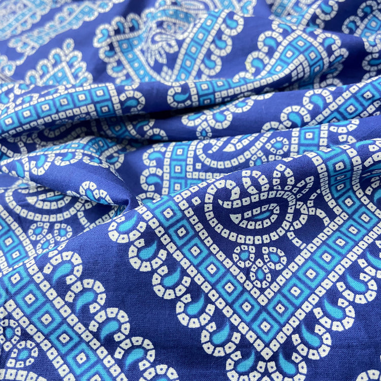 Blue White Bandhni Screen Print Cotton Fabric