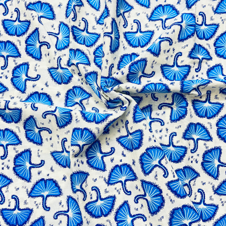 White Blue Floral Digital Print Cotton Fabric