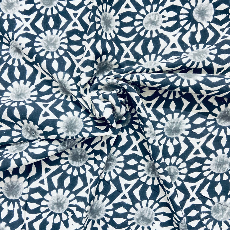 Black White Floral Hand Block Print Cotton Fabric