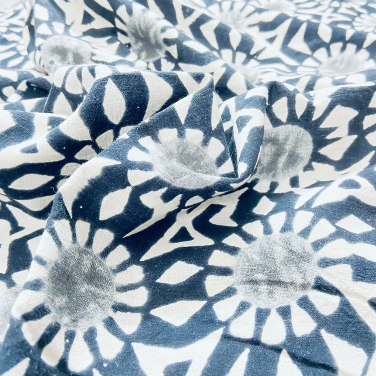 Black White Floral Hand Block Print Cotton Fabric