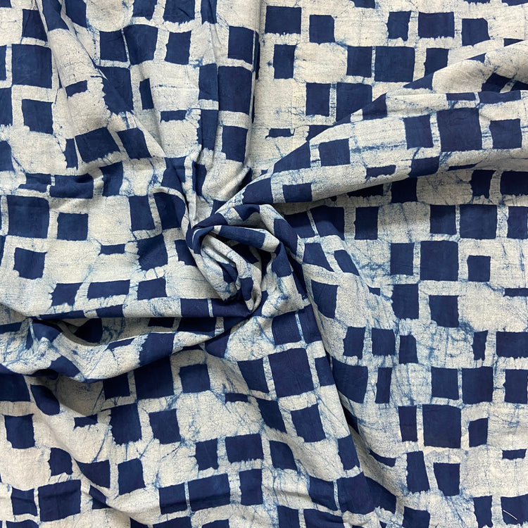 Blue White Geometric Pattern Washed Indigo Digital Print Cotton Fabric