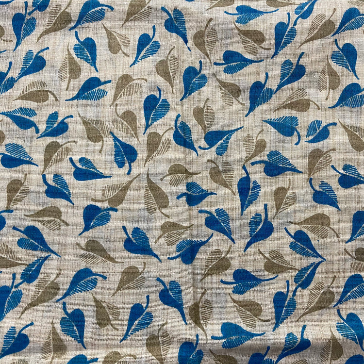 Blue and Gold Leaf Screen Print on Off-White Cotton Fabric