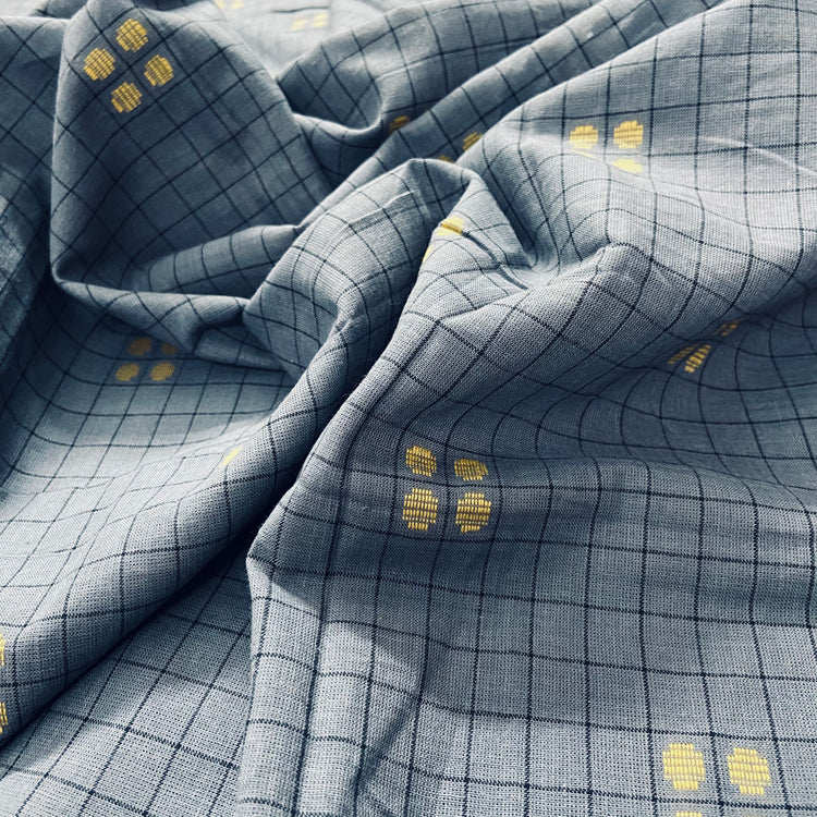 Woven Yellow Dot on Grey Checks Pattern Cotton Fabric