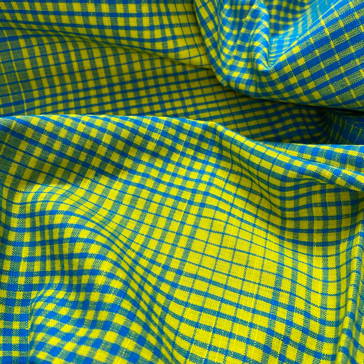 Lemon Yellow and Blue Checks Pattern Cotton Fabric
