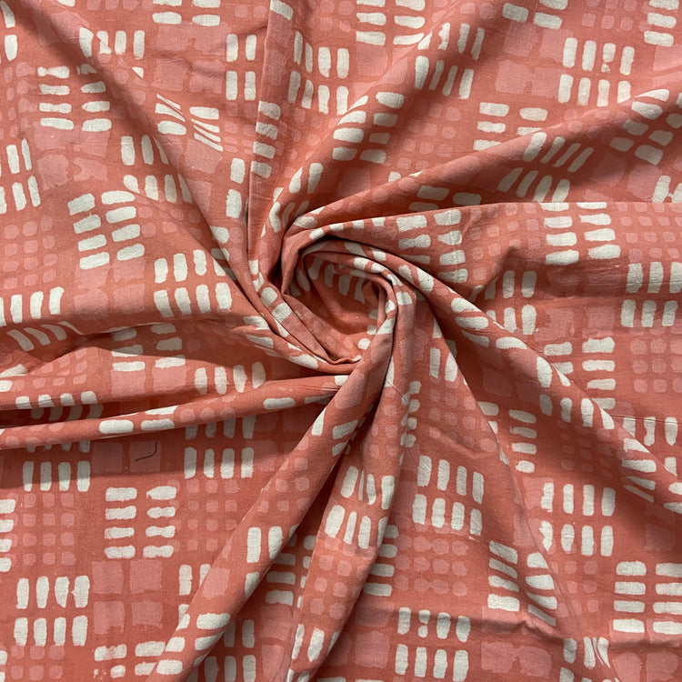 Coral Peach Geometric Pattern Hand Bock Print on Cotton Fabric