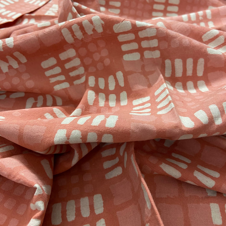 Coral Peach Geometric Pattern Hand Bock Print on Cotton Fabric