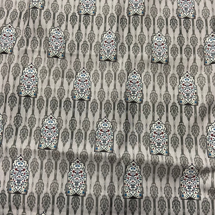 Basalt Grey Floral Pattern Screen Print on Cotton Fabric