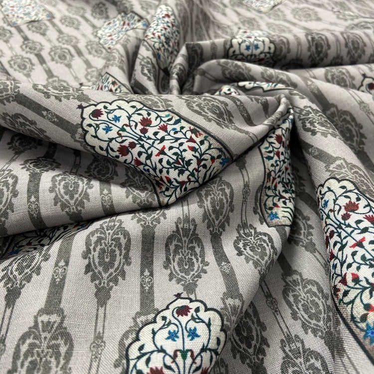 Basalt Grey Floral Pattern Screen Print on Cotton Fabric
