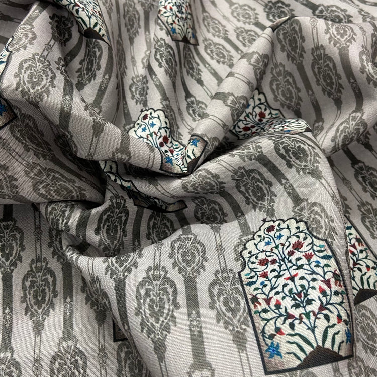 Basalt Grey Floral Pattern Screen Print on Cotton Fabric