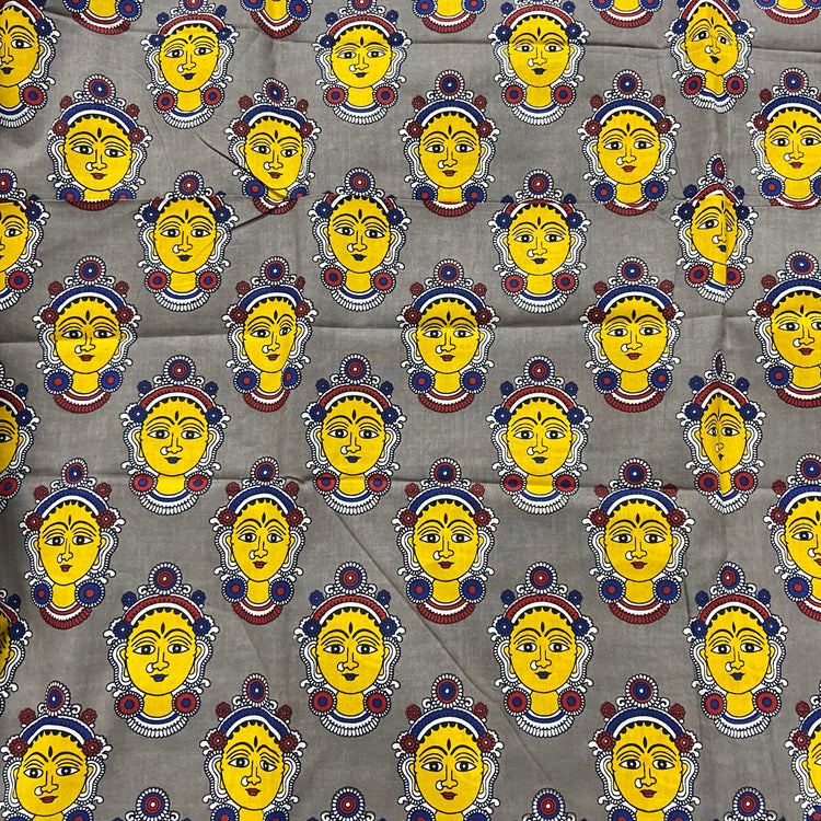 Faces Pattern Hand Block Print Grey Cotton Fabric