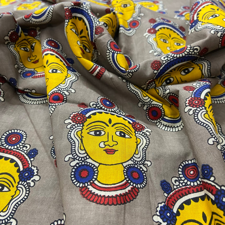 Faces Pattern Hand Block Print Grey Cotton Fabric